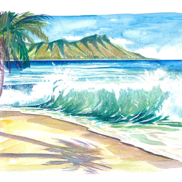 Waikiki Waves with Ocean Spray In Honolulu Hawaii - Limited Edition Fine Art Print - Original Painting available