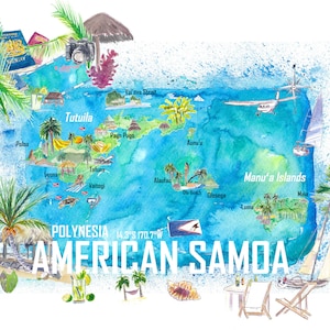 Carte illustrée des îles des Samoa américaines avec routes et faits saillants