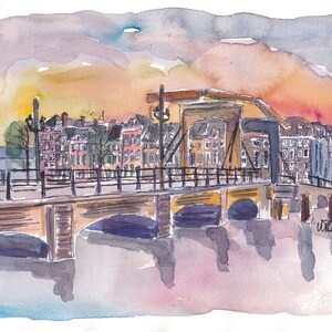 Amsterdam Netherlands Canal Sunset with Bridge Original Painting & Limited Edition Fine Art Print
