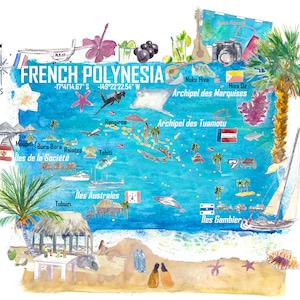 Könnte beinhalten: Eine Aquarell-Illustration einer Karte von Französisch-Polynesien, die die Inseln und Atolle des Archipels zeigt. Die Karte ist von verschiedenen Bildern tropischer Pflanzen, Tiere und Aktivitäten umgeben, wie z. B. einer Hibiskusblüte, einer Kokospalme, einem Hai, einem Segelboot und einem Taucher. Der Text "Französisch-Polynesien" ist in großen Buchstaben oben auf der Karte geschrieben, zusammen mit den Koordinaten -17°41'14.67" S-149°22′22.54" W.