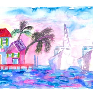 Key West Florida Kleurrijke Pier met boten - Limited Edition Fine Art Print - Origineel schilderij beschikbaar