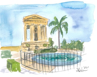 Valletta Malta Upper Barrakka Gardens with Fountain - Limited Edition Fine Art Print - Original Painting available