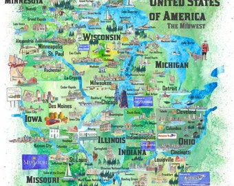 USA Midwest State Illustrated Travel Poster Map with Touristic Highlights