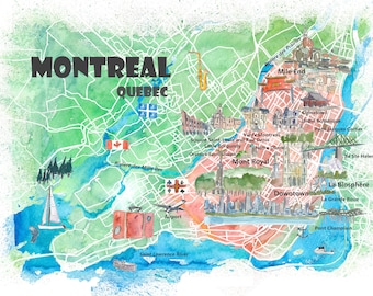 Montreal Quebec Canada Travel Poster Favorite Map with Touristic Highlights