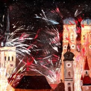 Munich, New Years Eve Fireworks Painting & Fine Art Print