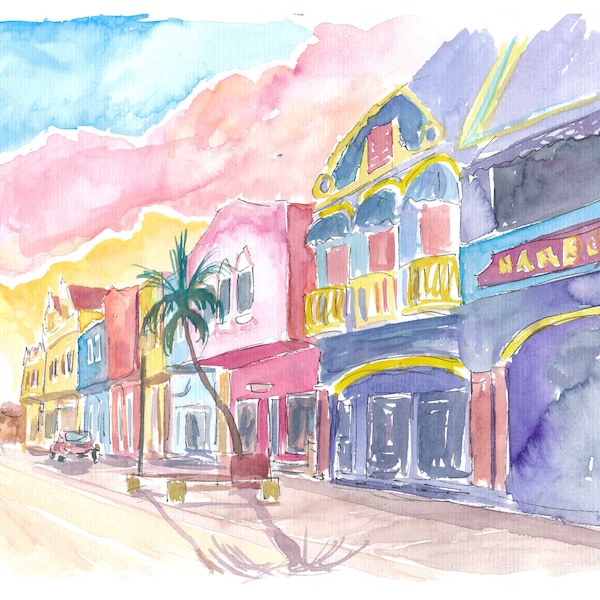 Kralendijk Bonaire Dutch Caribbean Colorful Street Scene - Limited Edition Fine Art Print - Original Painting available
