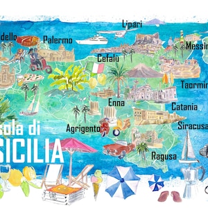 Sicily Italy Illustrated Travel Map with Roads and Tourist Highlights