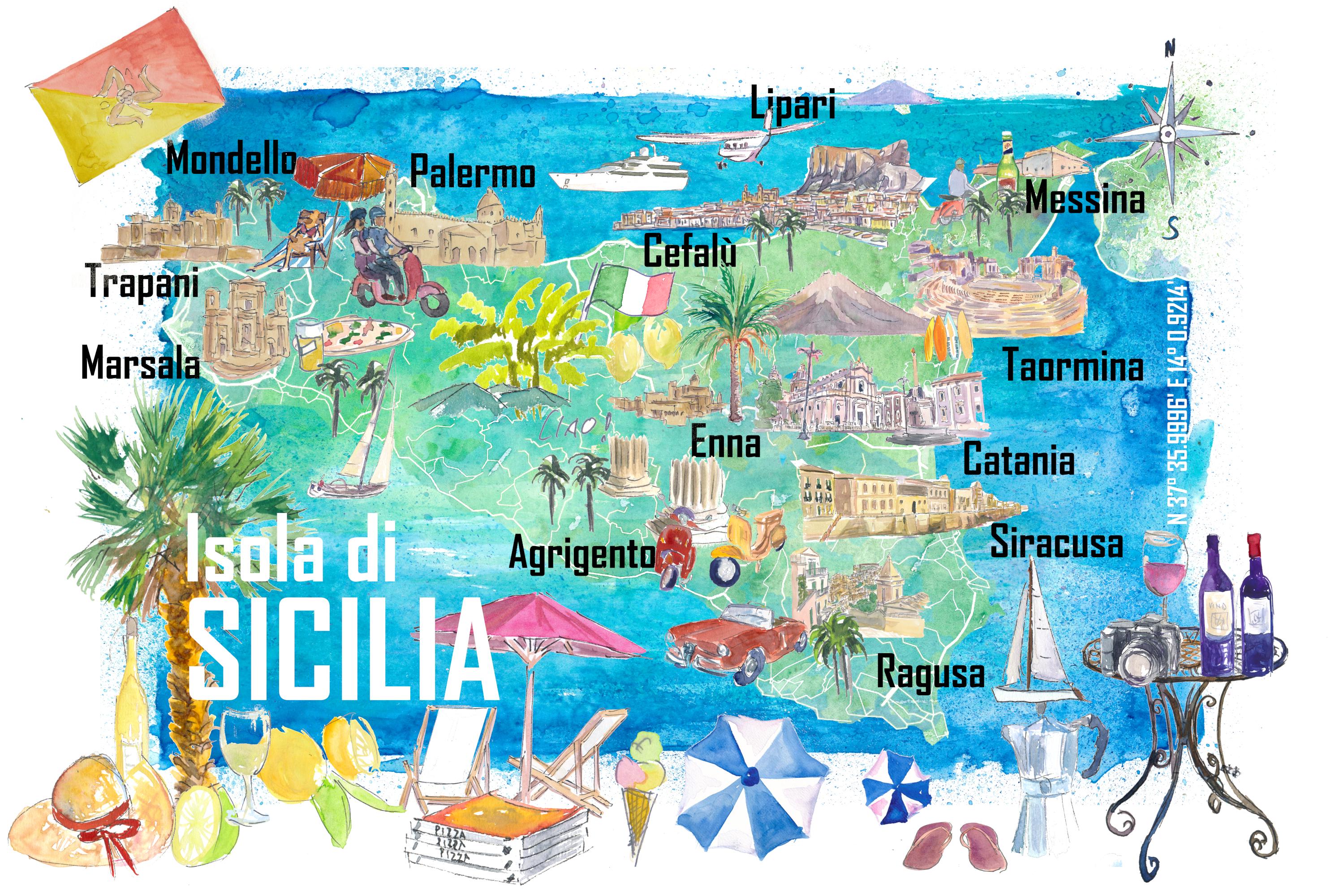 イタリア製　ラ・ムーザ　シチリア島　手描き イタリア・シチリア島の道路と観光スポットを描いたイラスト付き旅行