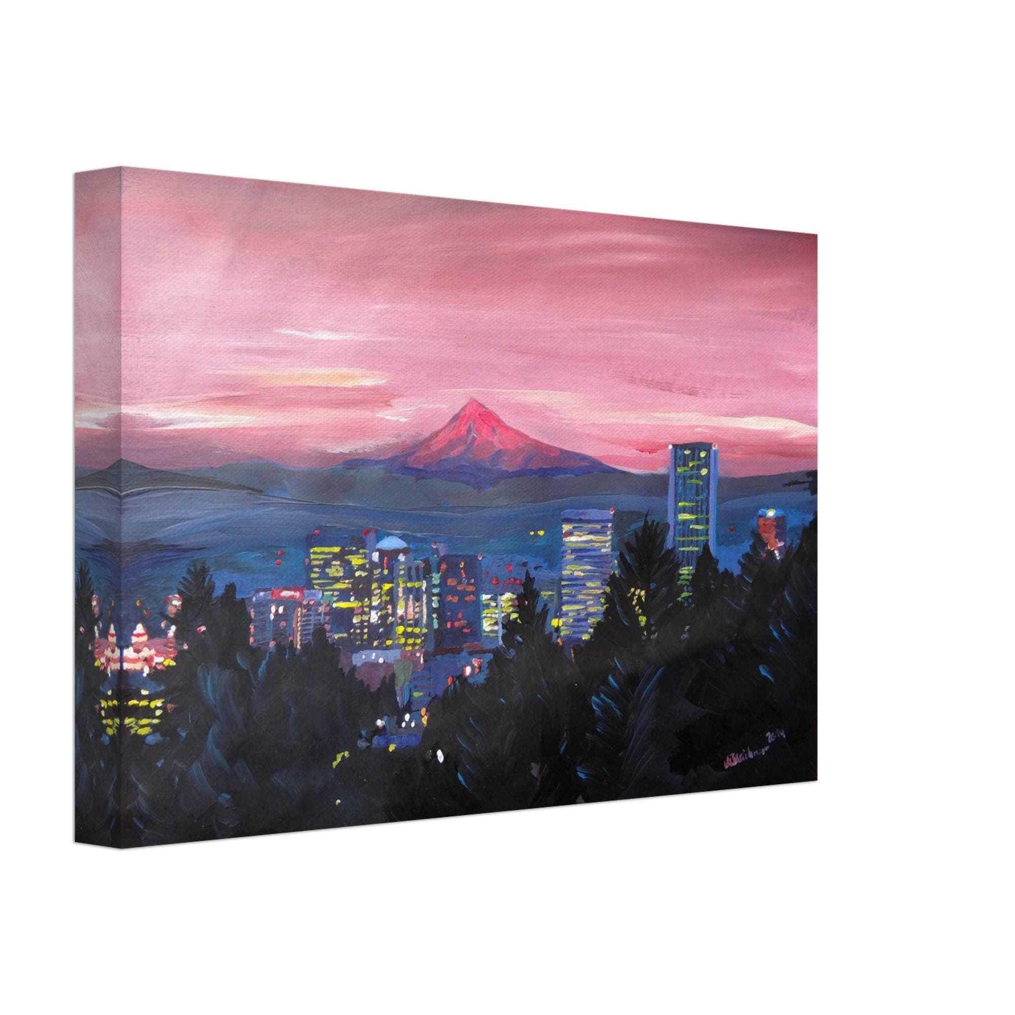 Portland Oregon With Red Mt Hood at Sunset - Limited Edition