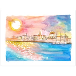 Alghero View of City Walls and Dome from Mediterranean Sea - Limited Edition Fine Art Print - Original Painting available