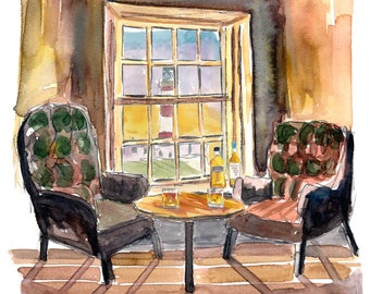 Ventana de pub con whisky y faro - Pintura original y lámina artística