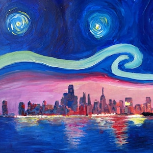 Sternenklare Nacht in Chicago, Illinois mit dem Lake Michigan und Van Gogh Inspirationen