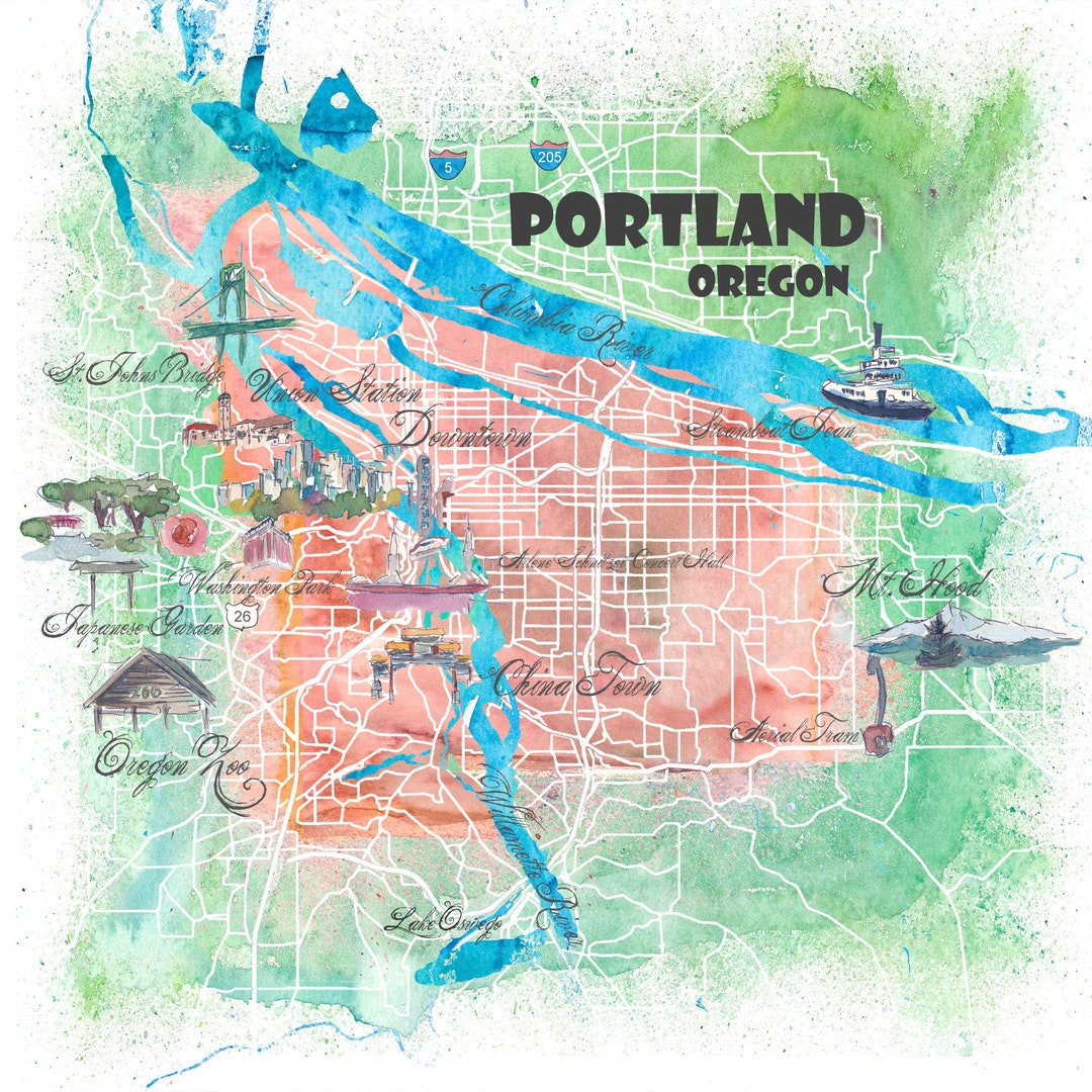 Portland Oregon Illustrated Map With Main Roads Landmarks and