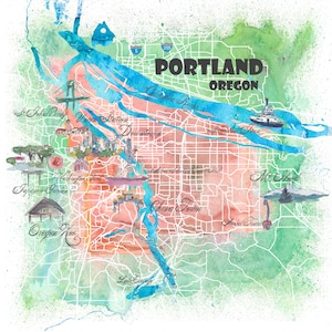 Portland Oregon Illustrated Map with Main Roads Landmarks and Highlights - Fine Art Print