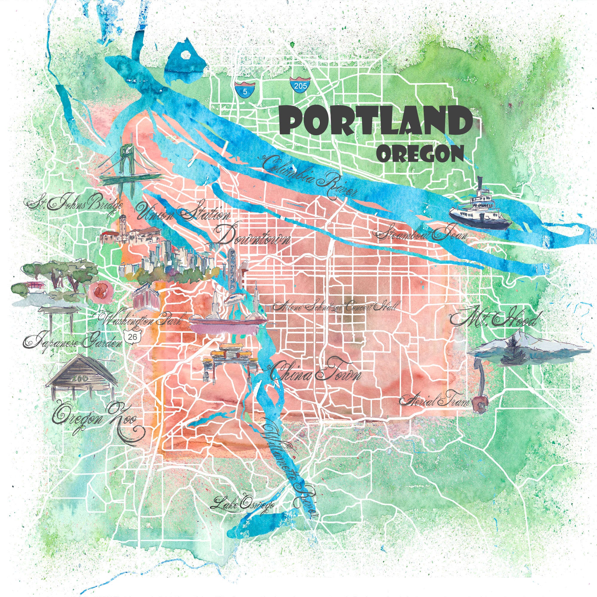 Portland Oregon Illustrated Map With Main Roads Landmarks image