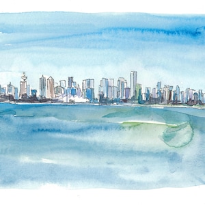 Vancouver British Columbia Canada Skyline and Blue Sky - Original Painting & Art Print