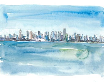 Vancouver British Columbia Canada Skyline and Blue Sky - Original Painting & Art Print