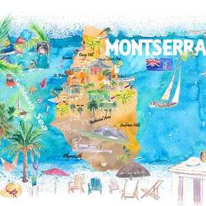 Carte de voyage illustrée des Antilles de Montserrat avec routes et points forts