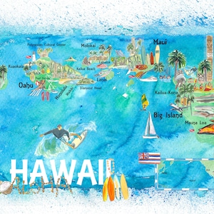 Hawaii USA Illustrierte Karte mit Sehenswürdigkeiten und Highlights