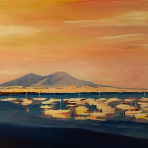 Boats in the Gulf of Naples Italy with Mount Vesuvio (Giclee & Original Painting)