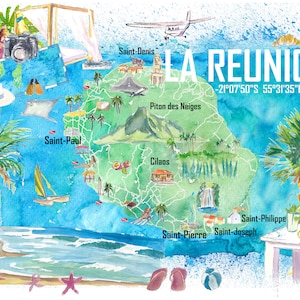 Carte de voyage illustrée de l’île de La Réunion avec les points forts touristiques - Fine Art Print