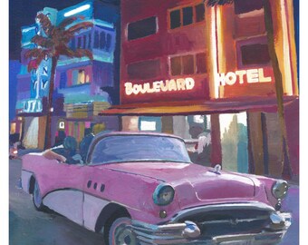 Pôster retrô noturno conversível da Miami Ocean Drive - Impressão artística