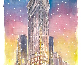Winter in New York City Romantic Snow Fall and Flatiron Manhattan Dreams - Limited Edition Fine Art Print -