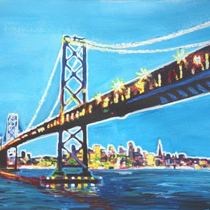 Silueta brillante de neón del horizonte de San Francisco con el puente de la bahía de Oakland