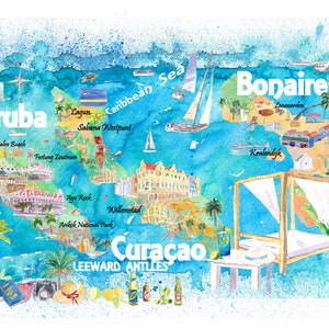 Carte de voyage des îles illustrées d'Aruba Bonaire Curaçao avec routes et points forts