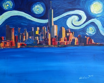 Sternenklare Nacht in New York City Manhattan mit Freedom Tower Skyline - Limitierte Edition Fine Art Druck/Original Leinwanddruck
