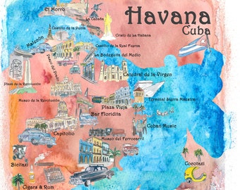 Havanna Kuba illustrierte Landkarte Wandkunst - bunte Reise Karte karibisches Dekor