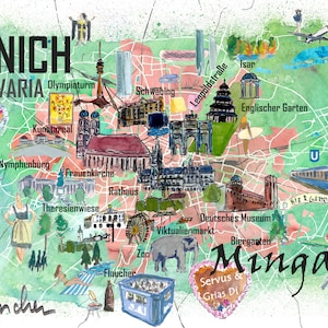 Carte de voyage illustrée de Munich, Bavière, Allemagne, avec routes et sites touristiques