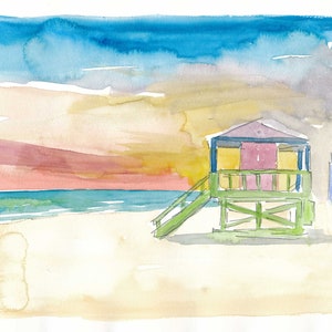 Tramonto a Miami Beach South Beach Pittura ad acquerello e opere d'arte - Stampa d'arte in edizione limitata - Pittura originale disponibile
