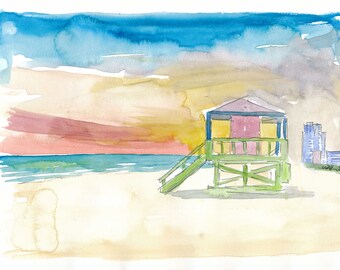 Sunset At Miami Beach South Beach Watercolor Painting and Artwork - Limited Edition Fine Art Print - Original Painting available