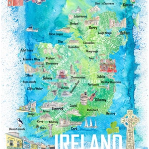 Irland Illustrierte Reisekarte mit Straßen und Highlights - Fine Art Print