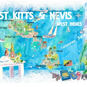St Kitts Nevis Antilles Carte de voyage illustrée des Caraïbes avec les points forts de l'île des Antilles Dream - Fine Art Print