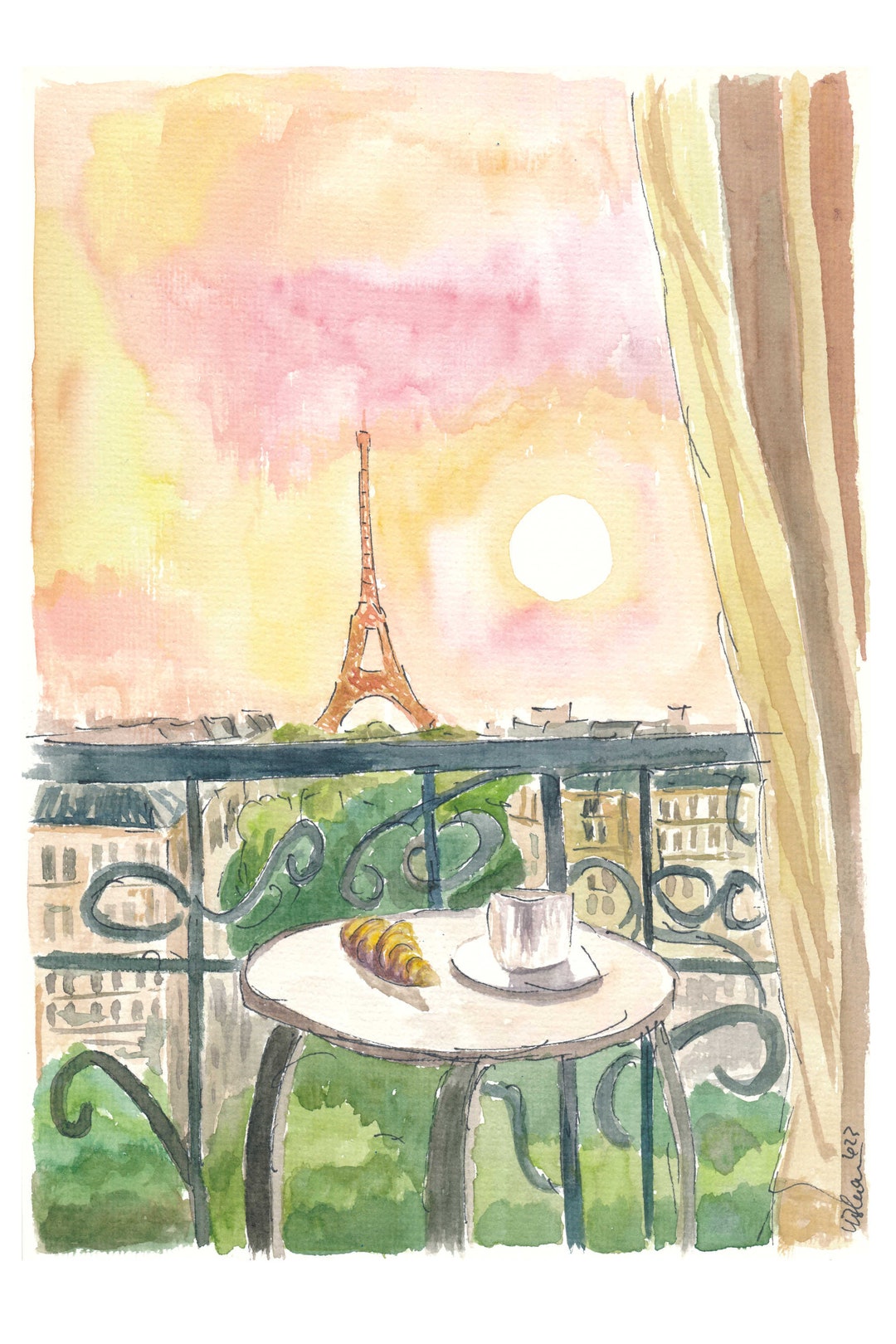 Paris France Balcony View With Croissant and Coffee - Limited