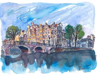 Amsterdam Netherlands Canal Sunset On Prinsengracht Painting - Limited Edition Fine Art Print Available