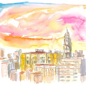 Malaga Kathedrale und mediterrane Stadtlandschaft - Limited Edition Fine Art Print - Original Gemälde verfügbar
