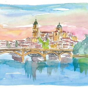 Salamanca Spain Cathedral and Tormes Bridge - Limited Edition Fine Art Print - Original Painting available