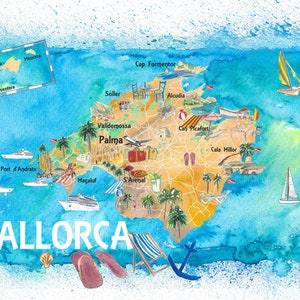 Majorque Majorque Espagne carte illustrée avec points de repère et faits saillants - Fine Art Print