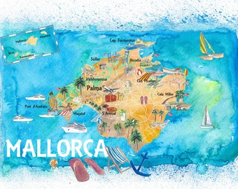 Mallorca Majorca Spain Illustrated Map with Landmarks and Highlights - Fine Art Print