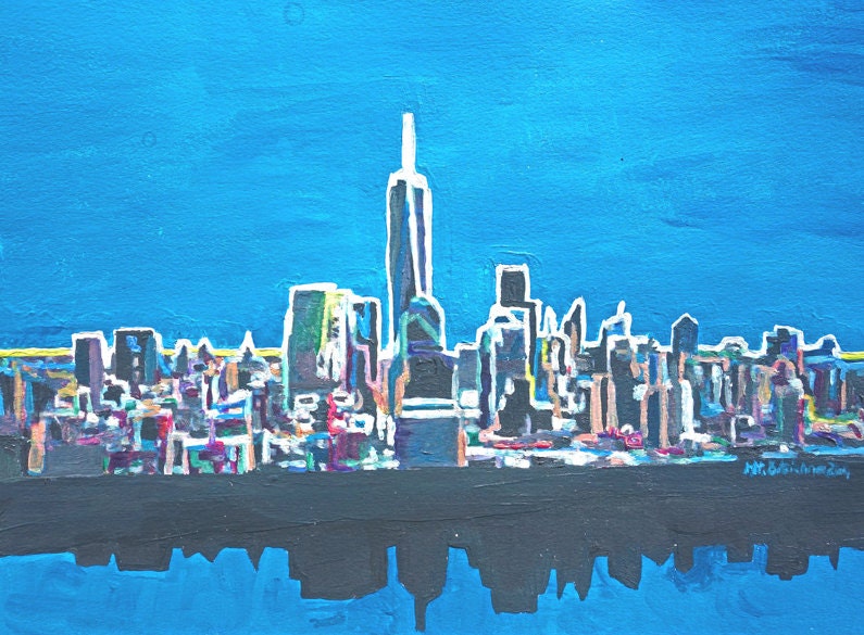 Neon Skyline of New York City Manhattan With One World Trade