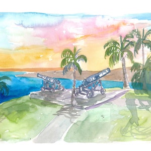 Tobago Fort George With Cannons At Sunrise - Limited Edition Fine Art Print - Original Painting available