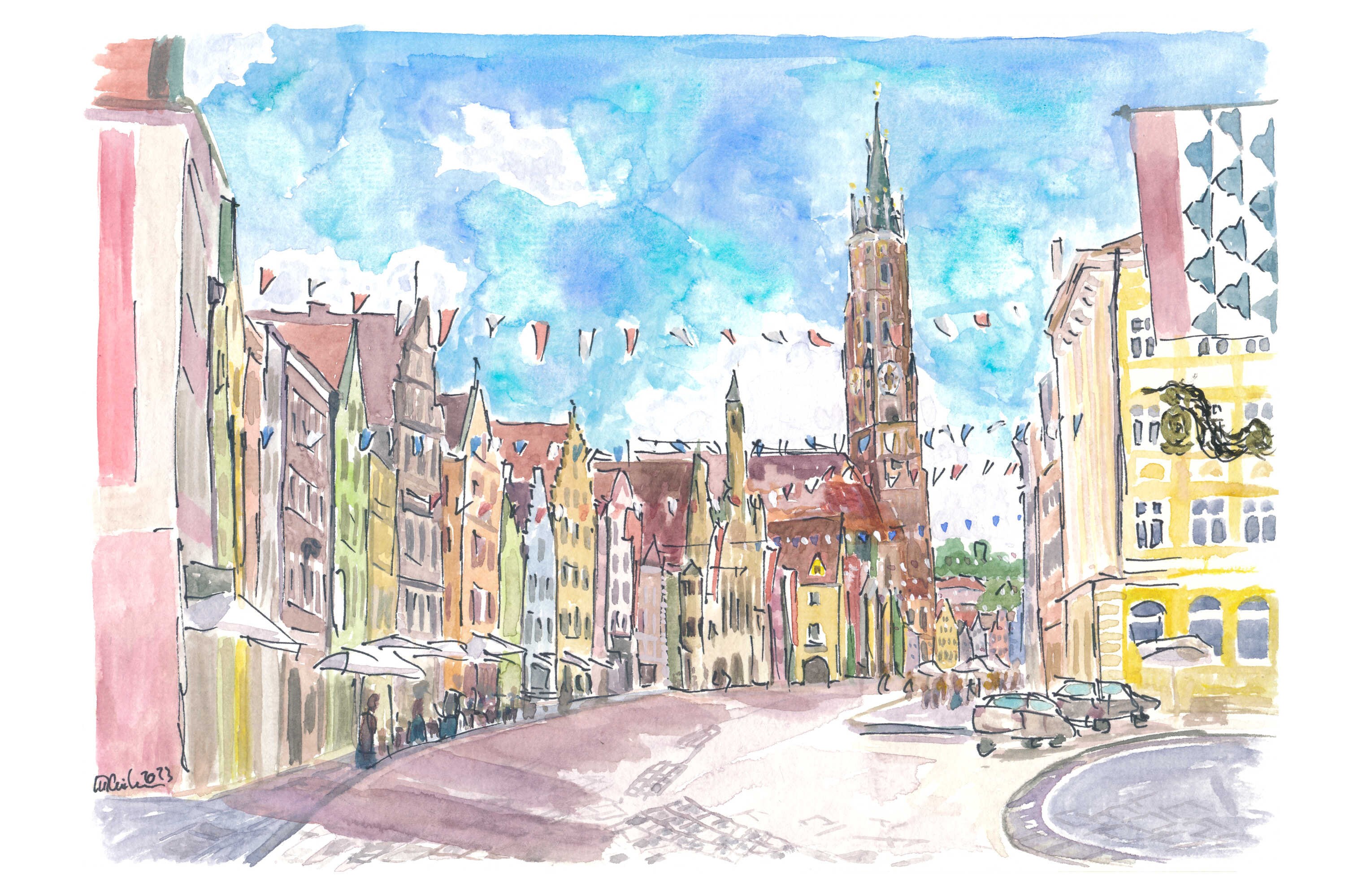 Landshut's old town ready for the LaHo after years of waiting - Limited Edition Fine Art Print - Original Painting available