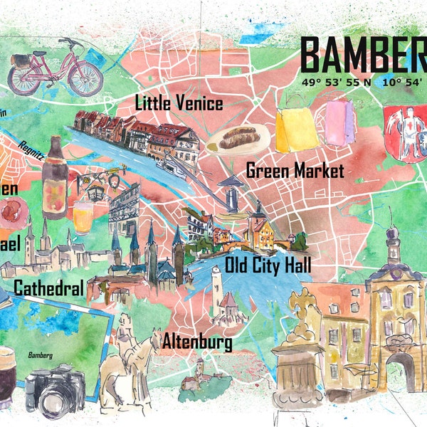 Bamberg Franconia Illustrated Travel Map with Roads and Highlights