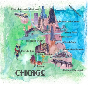 Chicago Lieblingskarte mit touristischen Top Ten Highlights - Fine Art Print