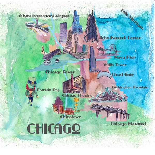 Chicago Favorite Map with touristic Top Ten Highlights - Fine Art Print