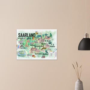 Saarland illustrierte Reisekarte mit Straßen und Sehenswuerdigkeiten