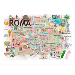 May include: Watercolor map of Rome, Italy, featuring landmarks like the Colosseum, Vatican, and Trevi Fountain. The map includes illustrations of food, drinks, and transportation, with the word "ROMA" prominently displayed.